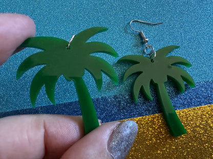 Glittery Palm Tree Earrings: Laser Cut Acrylic Palm Trees, Summer Vibes, Coconuts, Shiny, Sparkles, Beach, Hawaii, Gifts for Her/Him/Them