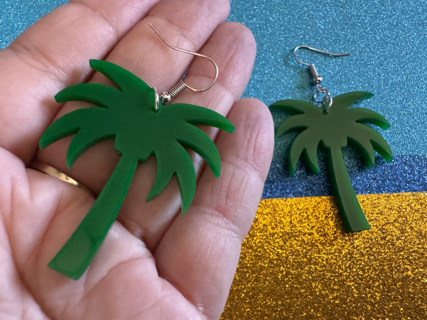 Glittery Palm Tree Earrings: Laser Cut Acrylic Palm Trees, Summer Vibes, Coconuts, Shiny, Sparkles, Beach, Hawaii, Gifts for Her/Him/Them