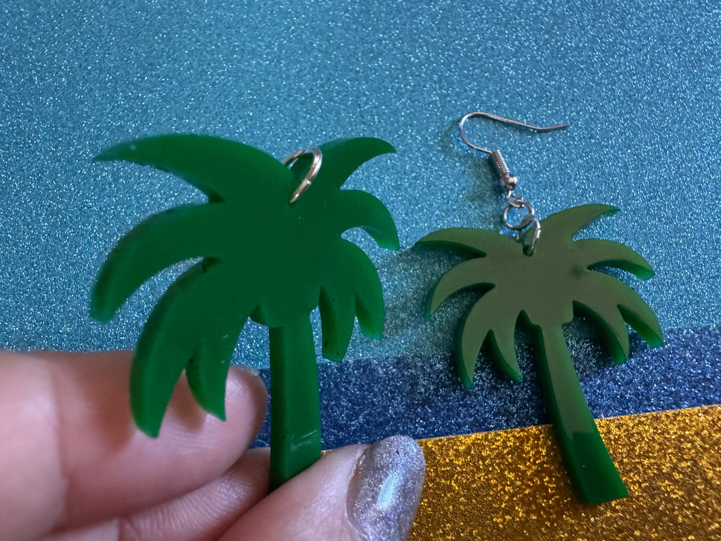 Glittery Palm Tree Earrings: Laser Cut Acrylic Palm Trees, Summer Vibes, Coconuts, Shiny, Sparkles, Beach, Hawaii, Gifts for Her/Him/Them
