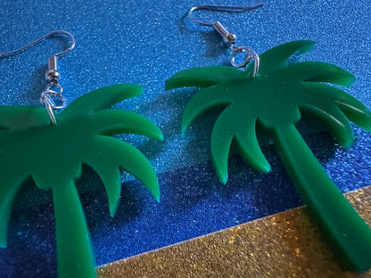 Glittery Palm Tree Earrings: Laser Cut Acrylic Palm Trees, Summer Vibes, Coconuts, Shiny, Sparkles, Beach, Hawaii, Gifts for Her/Him/Them