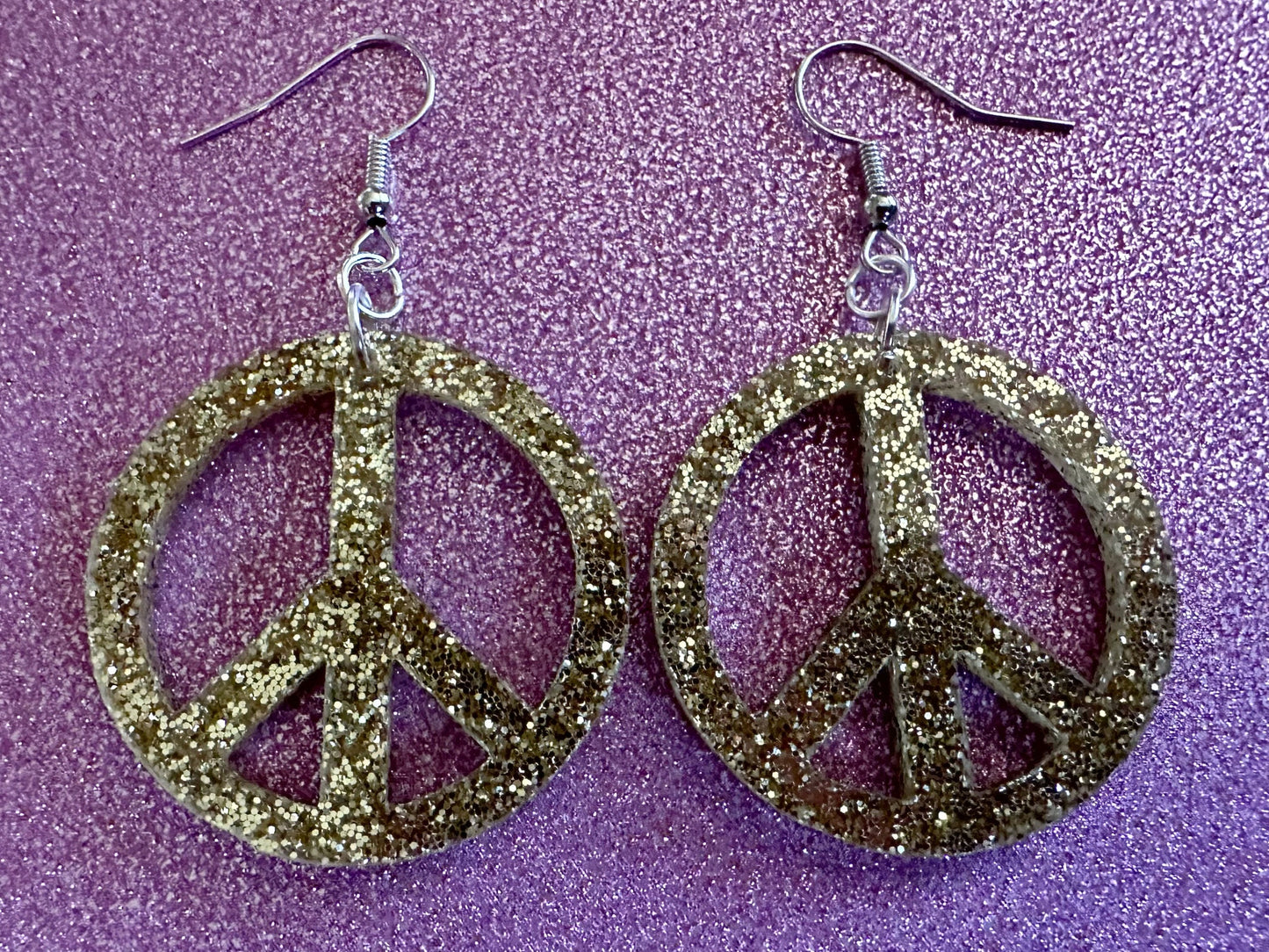 Glittery Peace Sign Earrings: Laser Cut Acrylic Peace Signs, Hippie, Hipster, 80s, Happiness, Happy, Best Gifts for Her/Him/Them