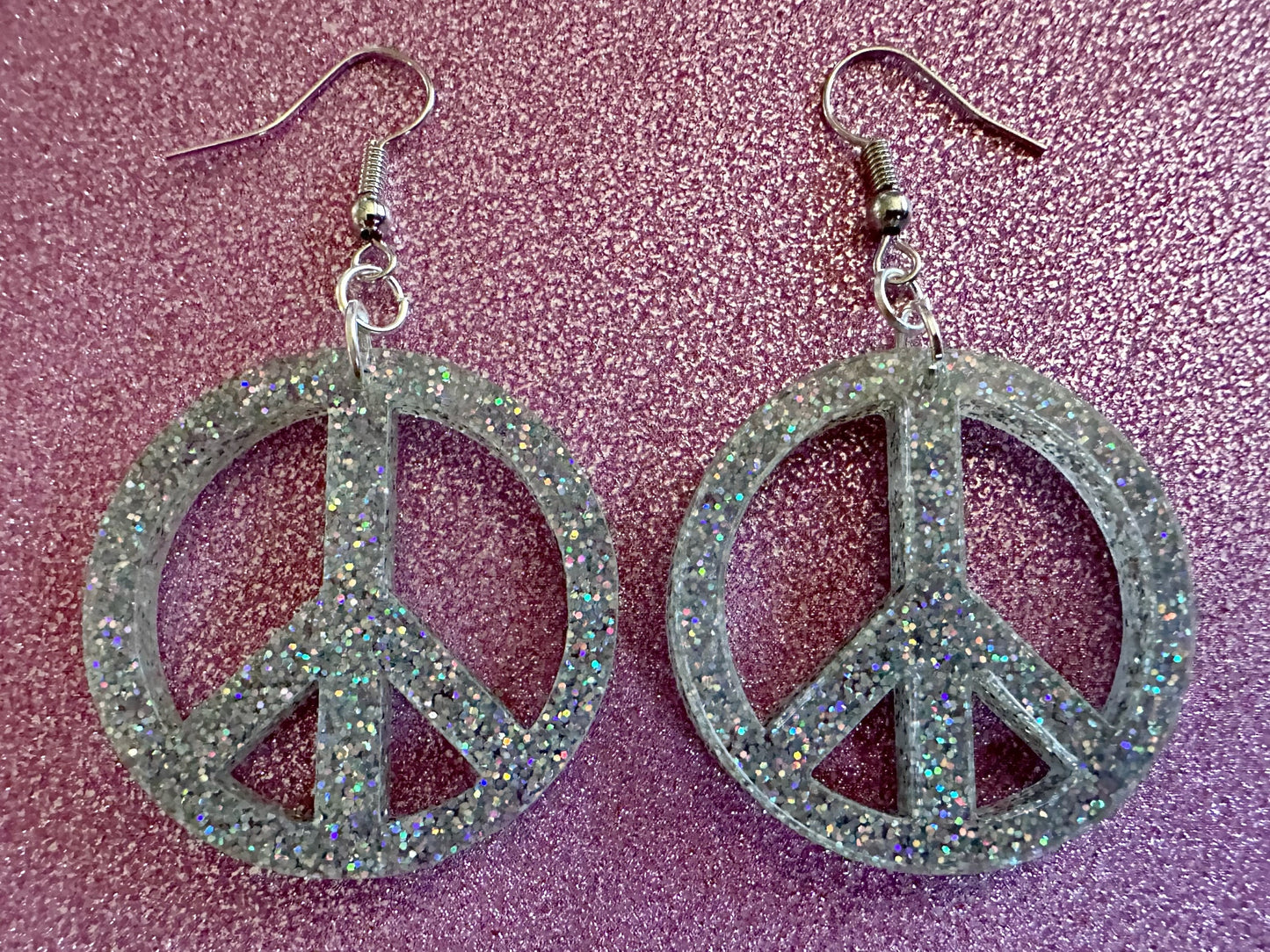 Glittery Peace Sign Earrings: Laser Cut Acrylic Peace Signs, Hippie, Hipster, 80s, Happiness, Happy, Best Gifts for Her/Him/Them