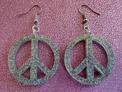 Glittery Peace Sign Earrings: Laser Cut Acrylic Peace Signs, Hippie, Hipster, 80s, Happiness, Happy, Best Gifts for Her/Him/Them