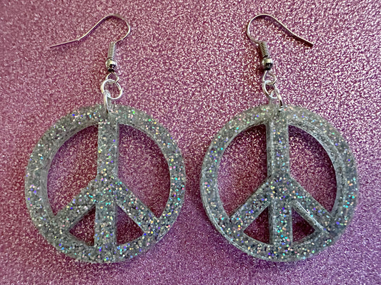 Glittery Peace Sign Earrings: Laser Cut Acrylic Peace Signs, Hippie, Hipster, 80s, Happiness, Happy, Best Gifts for Her/Him/Them