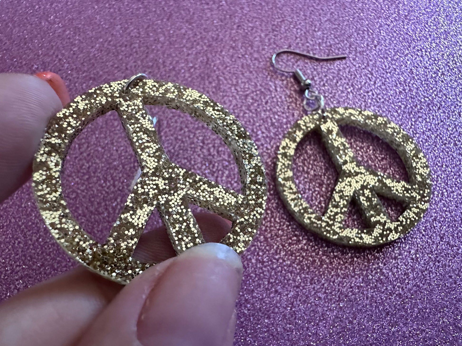 Glittery Peace Sign Earrings: Laser Cut Acrylic Peace Signs, Hippie, Hipster, 80s, Happiness, Happy, Best Gifts for Her/Him/Them