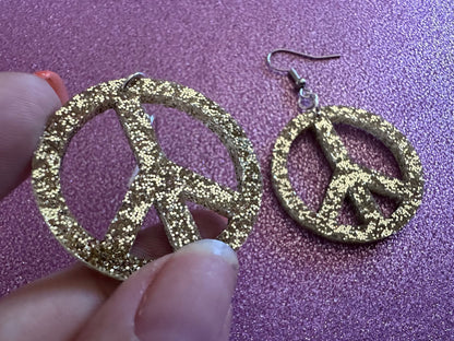 Glittery Peace Sign Earrings: Laser Cut Acrylic Peace Signs, Hippie, Hipster, 80s, Happiness, Happy, Best Gifts for Her/Him/Them