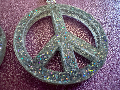 Glittery Peace Sign Earrings: Laser Cut Acrylic Peace Signs, Hippie, Hipster, 80s, Happiness, Happy, Best Gifts for Her/Him/Them