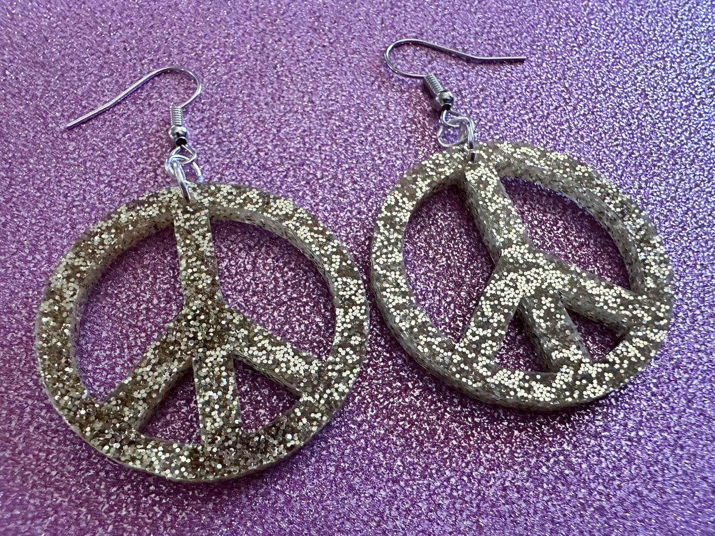 Glittery Peace Sign Earrings: Laser Cut Acrylic Peace Signs, Hippie, Hipster, 80s, Happiness, Happy, Best Gifts for Her/Him/Them