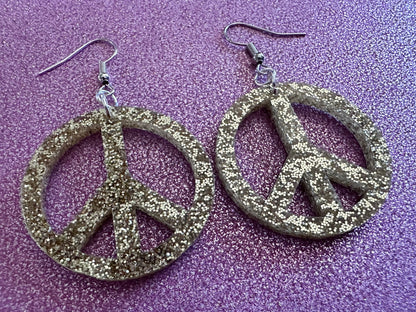 Glittery Peace Sign Earrings: Laser Cut Acrylic Peace Signs, Hippie, Hipster, 80s, Happiness, Happy, Best Gifts for Her/Him/Them