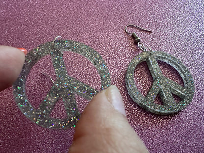 Glittery Peace Sign Earrings: Laser Cut Acrylic Peace Signs, Hippie, Hipster, 80s, Happiness, Happy, Best Gifts for Her/Him/Them