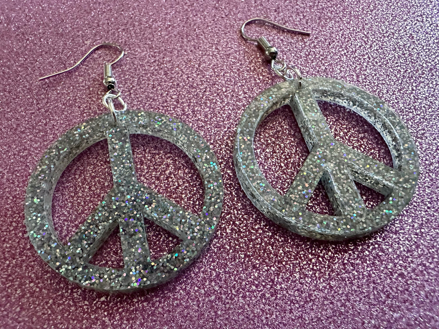 Glittery Peace Sign Earrings: Laser Cut Acrylic Peace Signs, Hippie, Hipster, 80s, Happiness, Happy, Best Gifts for Her/Him/Them