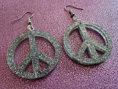 Glittery Peace Sign Earrings: Laser Cut Acrylic Peace Signs, Hippie, Hipster, 80s, Happiness, Happy, Best Gifts for Her/Him/Them