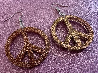 Glittery Peace Sign Earrings: Laser Cut Acrylic Peace Signs, Hippie, Hipster, 80s, Happiness, Happy, Best Gifts for Her/Him/Them
