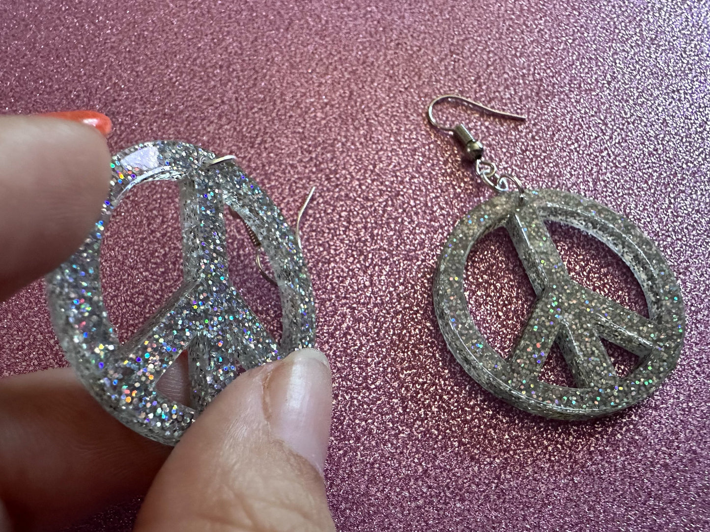 Glittery Peace Sign Earrings: Laser Cut Acrylic Peace Signs, Hippie, Hipster, 80s, Happiness, Happy, Best Gifts for Her/Him/Them