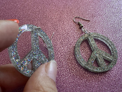 Glittery Peace Sign Earrings: Laser Cut Acrylic Peace Signs, Hippie, Hipster, 80s, Happiness, Happy, Best Gifts for Her/Him/Them