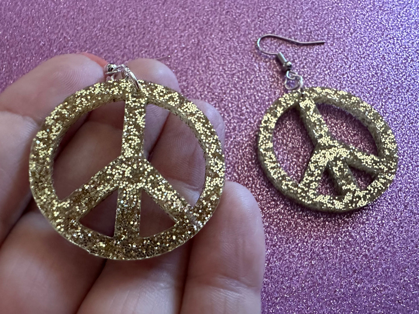 Glittery Peace Sign Earrings: Laser Cut Acrylic Peace Signs, Hippie, Hipster, 80s, Happiness, Happy, Best Gifts for Her/Him/Them