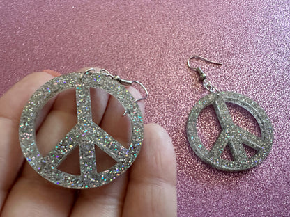 Glittery Peace Sign Earrings: Laser Cut Acrylic Peace Signs, Hippie, Hipster, 80s, Happiness, Happy, Best Gifts for Her/Him/Them