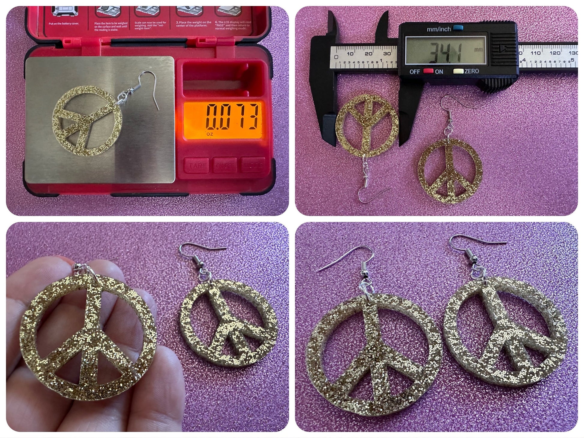 Glittery Peace Sign Earrings: Laser Cut Acrylic Peace Signs, Hippie, Hipster, 80s, Happiness, Happy, Best Gifts for Her/Him/Them