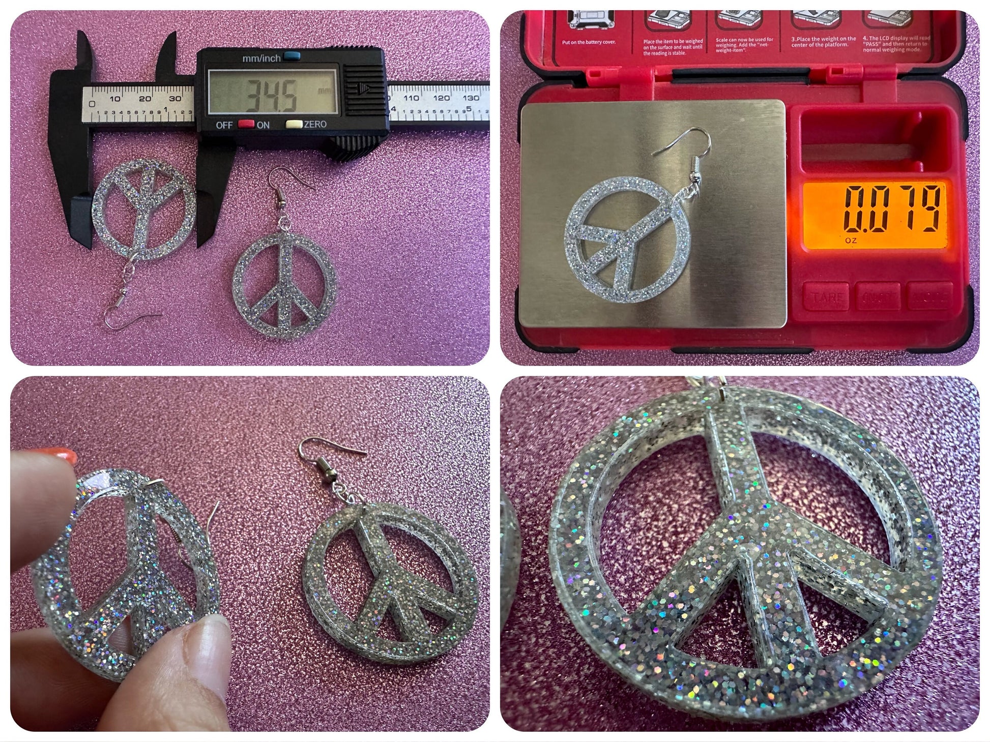 Glittery Peace Sign Earrings: Laser Cut Acrylic Peace Signs, Hippie, Hipster, 80s, Happiness, Happy, Best Gifts for Her/Him/Them