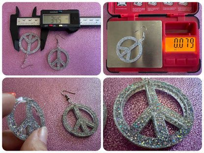Glittery Peace Sign Earrings: Laser Cut Acrylic Peace Signs, Hippie, Hipster, 80s, Happiness, Happy, Best Gifts for Her/Him/Them