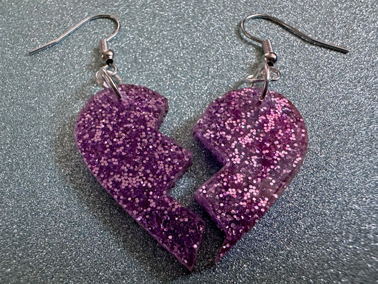 Glittery Purple Broken Heart Earrings: Fitting Heart Halves, Love, Heartbreak, Best Friends, Valentines, Best Gifts for Her/Him/Them
