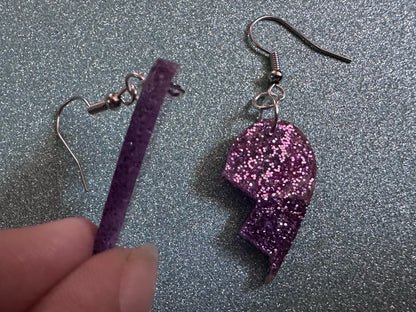 Glittery Purple Broken Heart Earrings: Fitting Heart Halves, Love, Heartbreak, Best Friends, Valentines, Best Gifts for Her/Him/Them