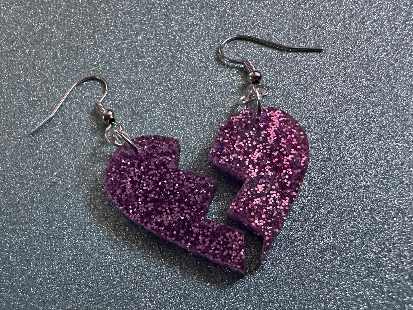 Glittery Purple Broken Heart Earrings: Fitting Heart Halves, Love, Heartbreak, Best Friends, Valentines, Best Gifts for Her/Him/Them