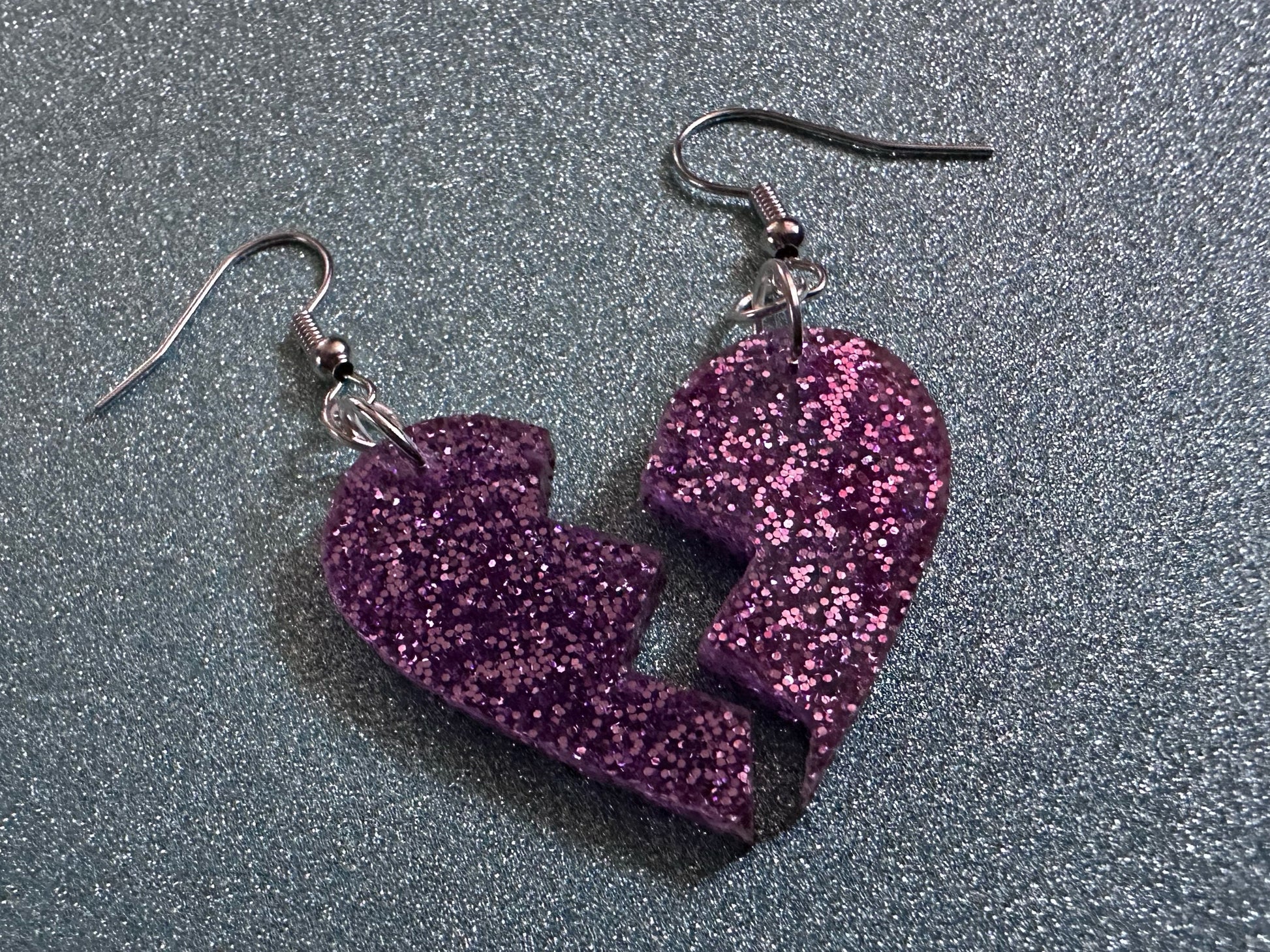 Glittery Purple Broken Heart Earrings: Fitting Heart Halves, Love, Heartbreak, Best Friends, Valentines, Best Gifts for Her/Him/Them