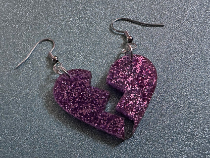 Glittery Purple Broken Heart Earrings: Fitting Heart Halves, Love, Heartbreak, Best Friends, Valentines, Best Gifts for Her/Him/Them
