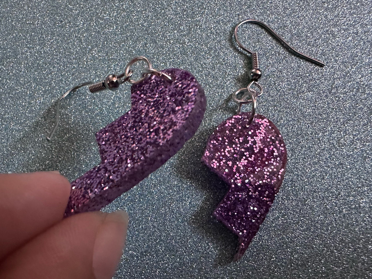 Glittery Purple Broken Heart Earrings: Fitting Heart Halves, Love, Heartbreak, Best Friends, Valentines, Best Gifts for Her/Him/Them