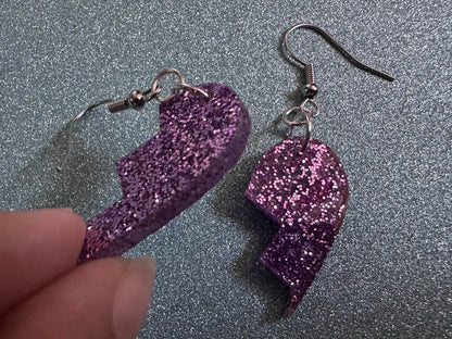 Glittery Purple Broken Heart Earrings: Fitting Heart Halves, Love, Heartbreak, Best Friends, Valentines, Best Gifts for Her/Him/Them