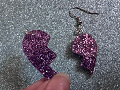 Glittery Purple Broken Heart Earrings: Fitting Heart Halves, Love, Heartbreak, Best Friends, Valentines, Best Gifts for Her/Him/Them