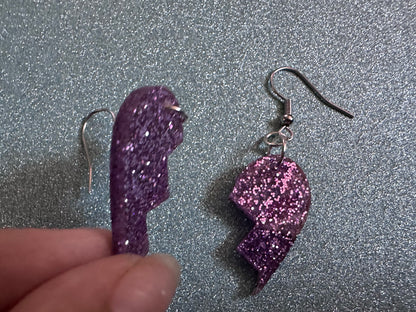Glittery Purple Broken Heart Earrings: Fitting Heart Halves, Love, Heartbreak, Best Friends, Valentines, Best Gifts for Her/Him/Them