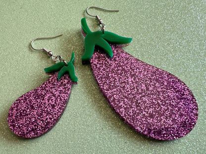 Glittery Purple Eggplant Earrings: Laser Cut Acrylic Obergine, Vegetable, Veggies, Eggplant Emoji, Food, Green, Best Gifts for Her/Him/Them