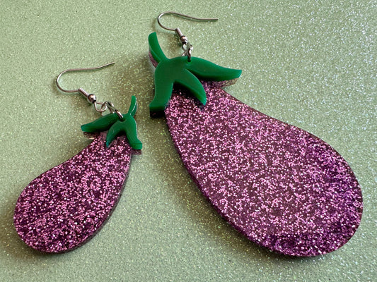 Glittery Purple Eggplant Earrings: Laser Cut Acrylic Obergine, Vegetable, Veggies, Eggplant Emoji, Food, Green, Best Gifts for Her/Him/Them