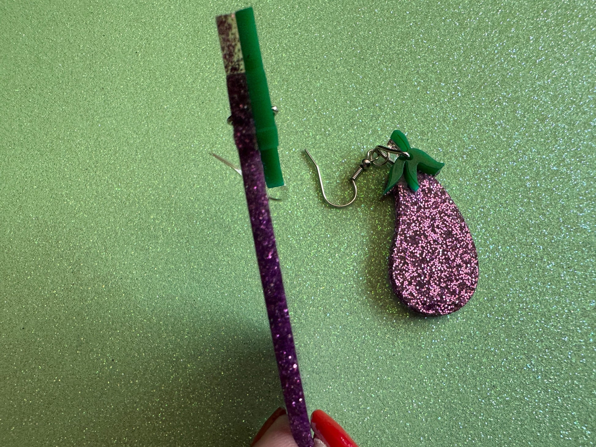 Glittery Purple Eggplant Earrings: Laser Cut Acrylic Obergine, Vegetable, Veggies, Eggplant Emoji, Food, Green, Best Gifts for Her/Him/Them