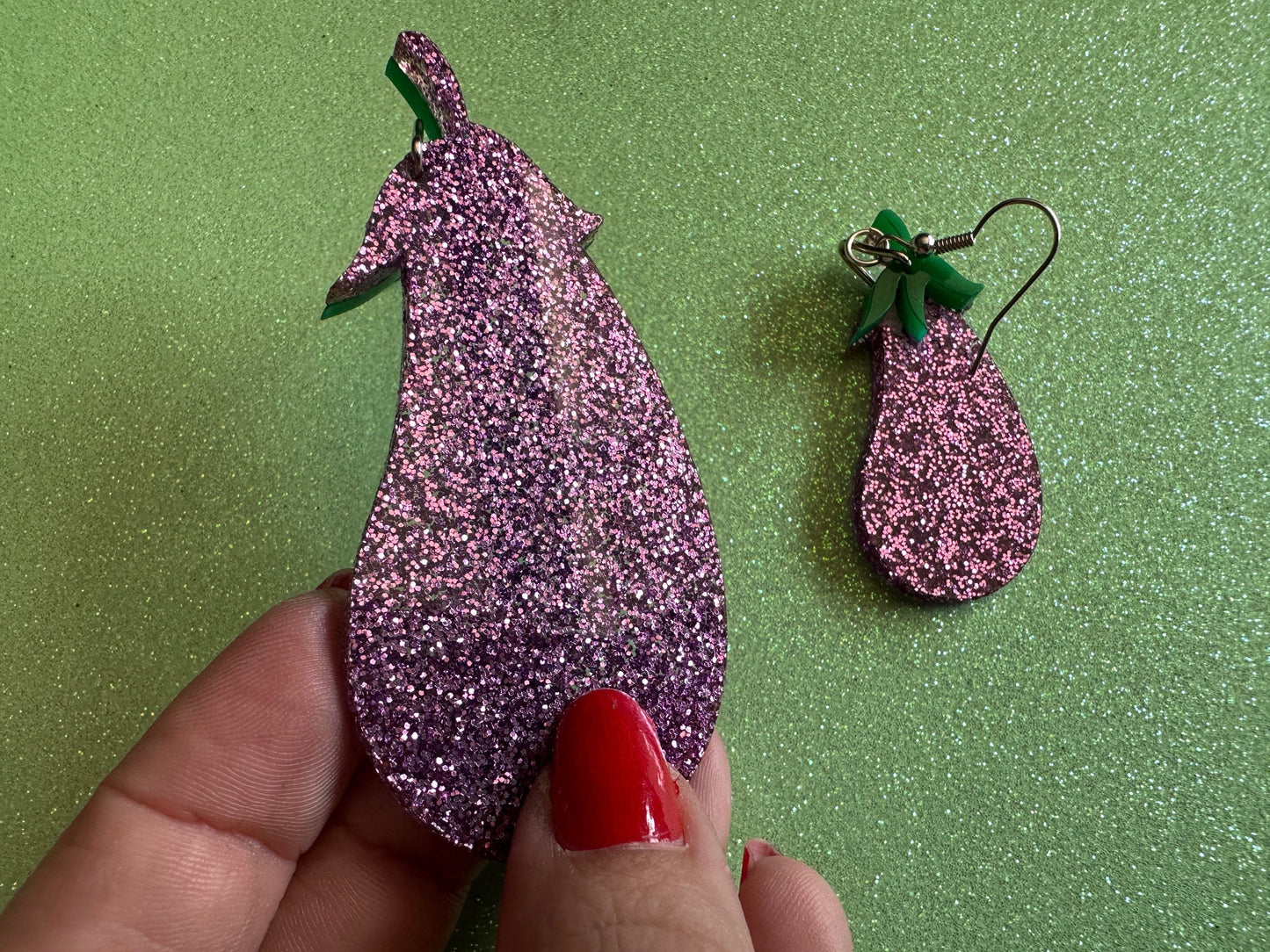 Glittery Purple Eggplant Earrings: Laser Cut Acrylic Obergine, Vegetable, Veggies, Eggplant Emoji, Food, Green, Best Gifts for Her/Him/Them