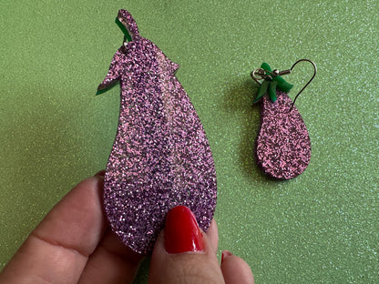Glittery Purple Eggplant Earrings: Laser Cut Acrylic Obergine, Vegetable, Veggies, Eggplant Emoji, Food, Green, Best Gifts for Her/Him/Them