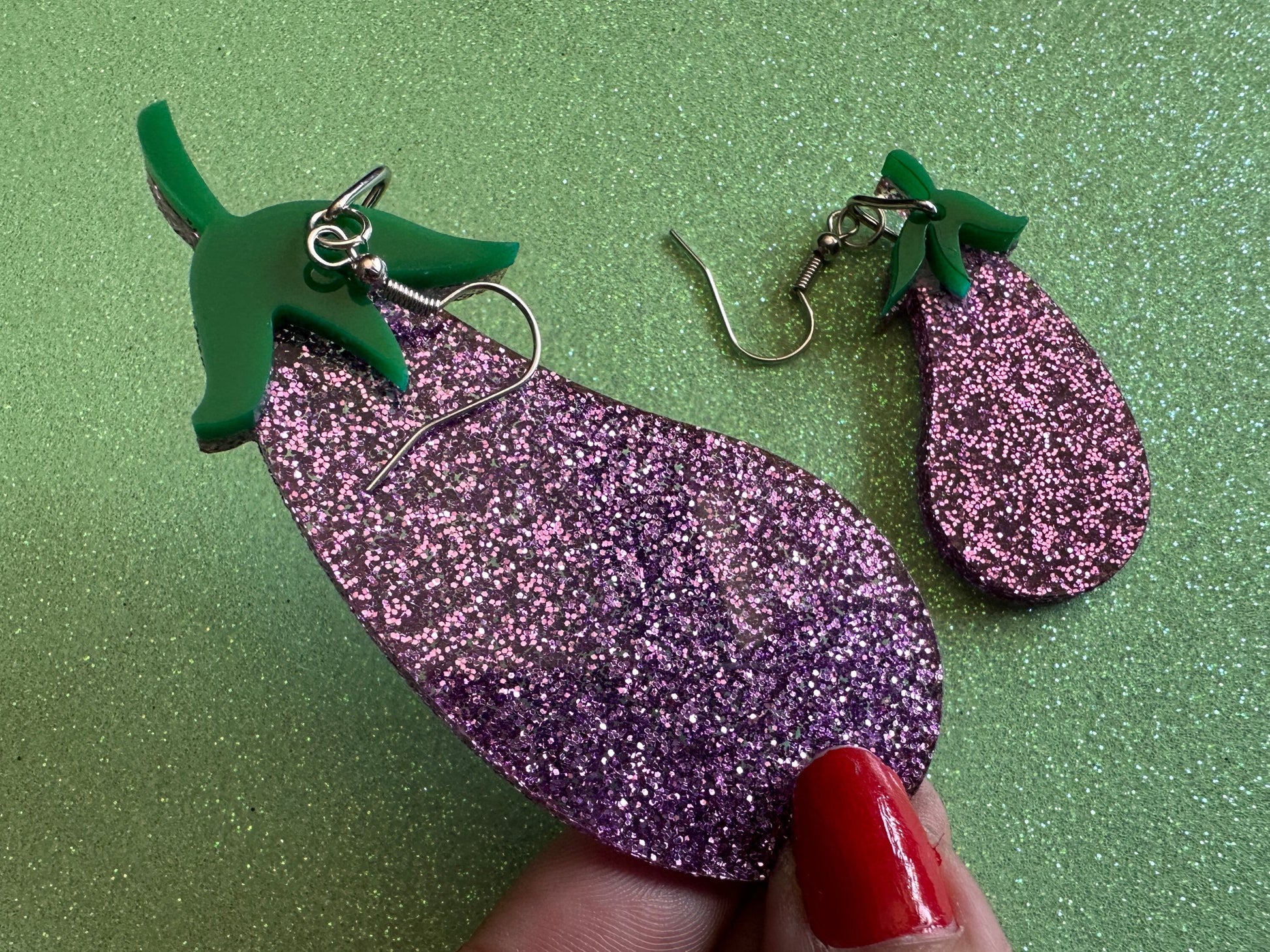 Glittery Purple Eggplant Earrings: Laser Cut Acrylic Obergine, Vegetable, Veggies, Eggplant Emoji, Food, Green, Best Gifts for Her/Him/Them