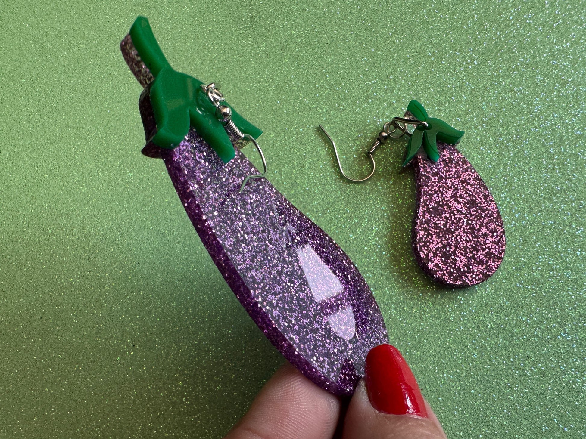 Glittery Purple Eggplant Earrings: Laser Cut Acrylic Obergine, Vegetable, Veggies, Eggplant Emoji, Food, Green, Best Gifts for Her/Him/Them