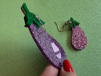 Glittery Purple Eggplant Earrings: Laser Cut Acrylic Obergine, Vegetable, Veggies, Eggplant Emoji, Food, Green, Best Gifts for Her/Him/Them