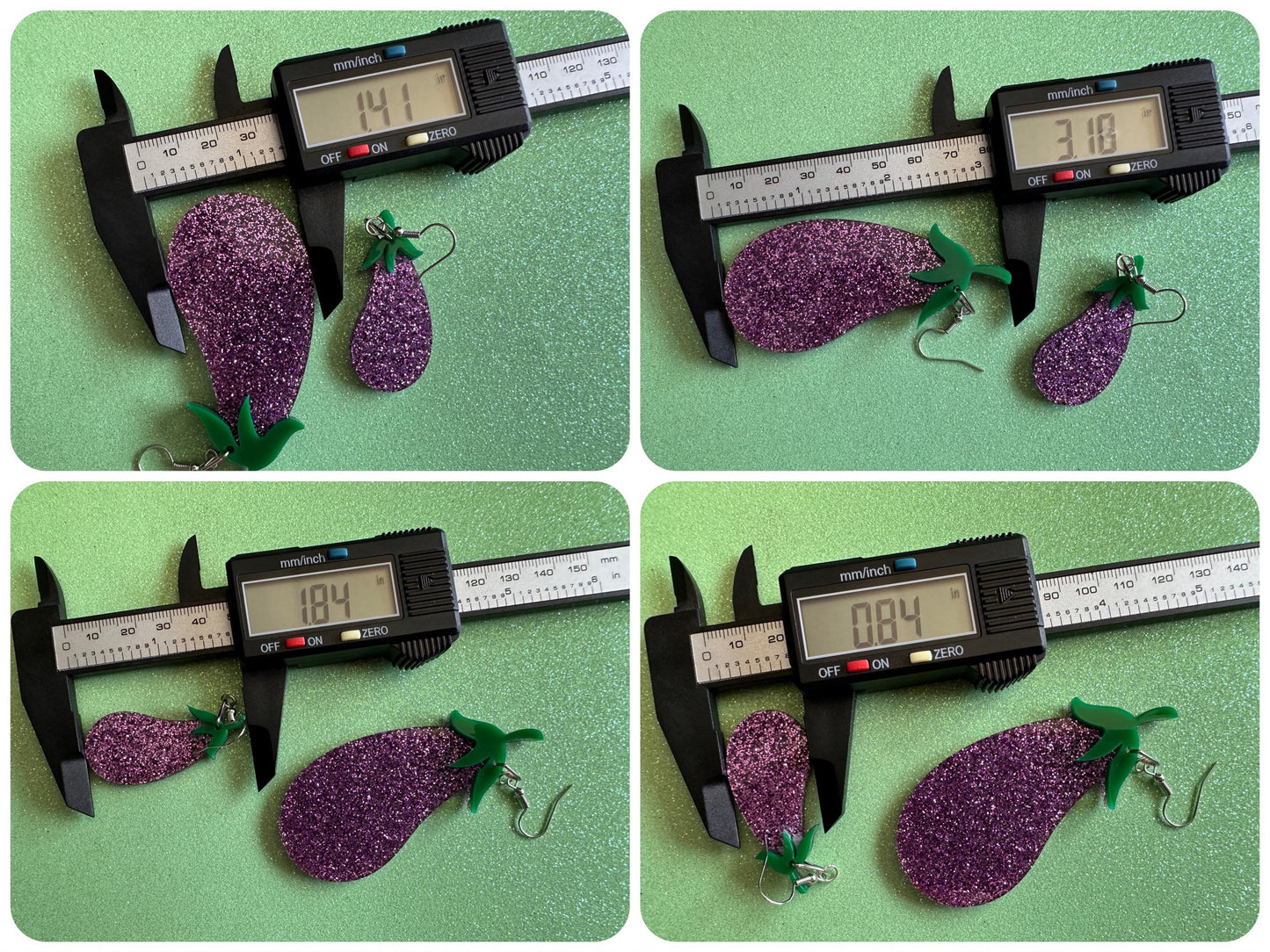 Glittery Purple Eggplant Earrings: Laser Cut Acrylic Obergine, Vegetable, Veggies, Eggplant Emoji, Food, Green, Best Gifts for Her/Him/Them
