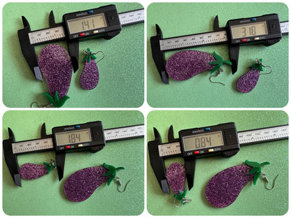 Glittery Purple Eggplant Earrings: Laser Cut Acrylic Obergine, Vegetable, Veggies, Eggplant Emoji, Food, Green, Best Gifts for Her/Him/Them