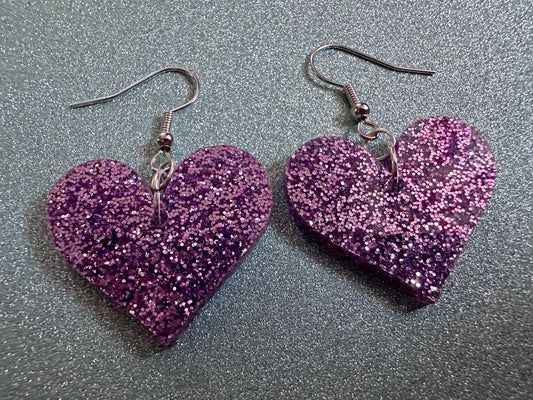 Glittery Purple Heart Earrings: Laser Cut Acrylic Hearts, Love, Valentines Day, Anniversary, Marriage, Vday, Best Gifts for Her/Him/Them