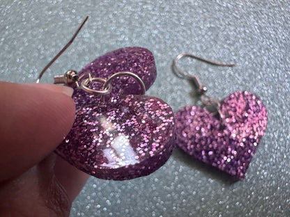Glittery Purple Heart Earrings: Laser Cut Acrylic Hearts, Love, Valentines Day, Anniversary, Marriage, Vday, Best Gifts for Her/Him/Them