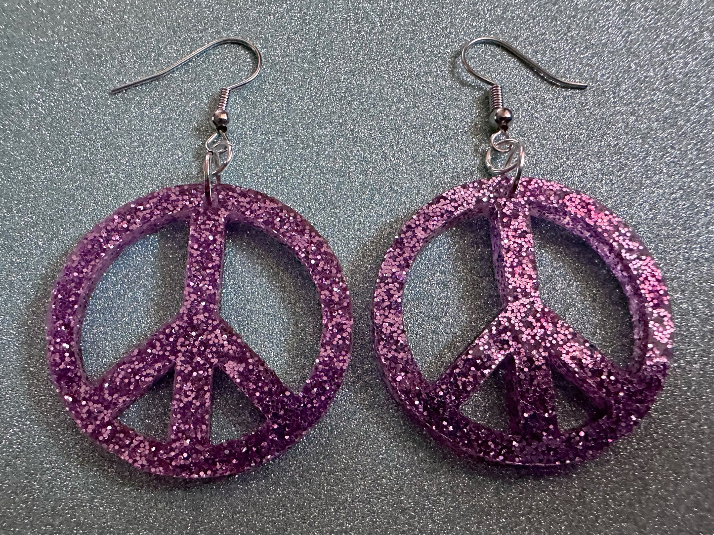Glittery Purple Peace Sign Earrings: Laser Cut Acrylic Peace Signs, Hippie, Hipster, 80s, Happiness, Happy, Best Gifts for Her/Him/Them