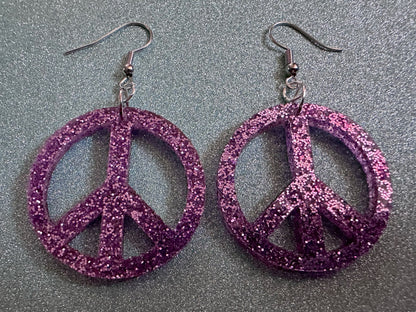 Glittery Purple Peace Sign Earrings: Laser Cut Acrylic Peace Signs, Hippie, Hipster, 80s, Happiness, Happy, Best Gifts for Her/Him/Them