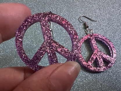 Glittery Purple Peace Sign Earrings: Laser Cut Acrylic Peace Signs, Hippie, Hipster, 80s, Happiness, Happy, Best Gifts for Her/Him/Them