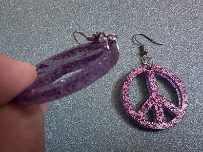 Glittery Purple Peace Sign Earrings: Laser Cut Acrylic Peace Signs, Hippie, Hipster, 80s, Happiness, Happy, Best Gifts for Her/Him/Them