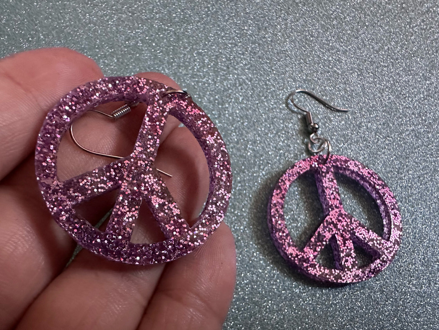 Glittery Purple Peace Sign Earrings: Laser Cut Acrylic Peace Signs, Hippie, Hipster, 80s, Happiness, Happy, Best Gifts for Her/Him/Them